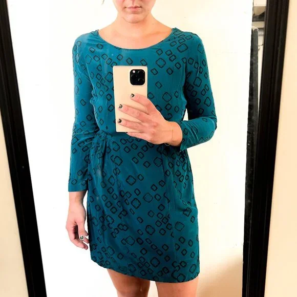 urban outfitters long sleeve 100% silk teal dress - Picture 1 of 10